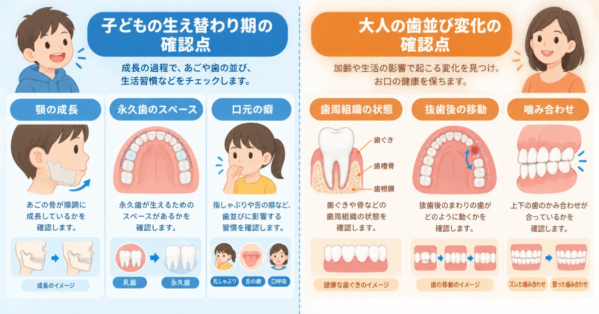 子どもの生え替わり期と大人の歯並びの変化では、確認するところが違います